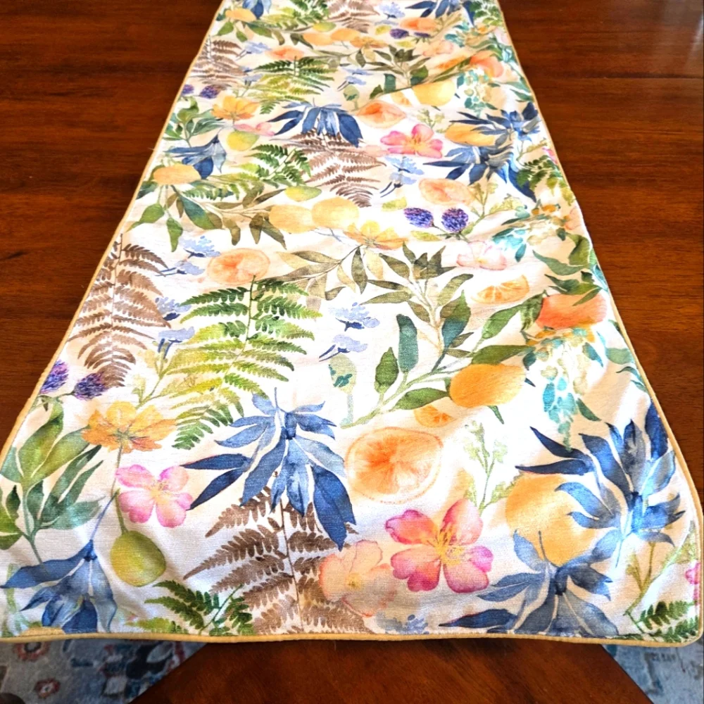 Summer Table Runner Lemons Botanical Nicole Miller 72×16 Lined Green Yellow Blue